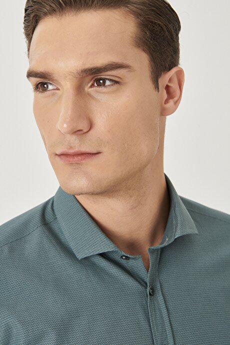 Slim Fit Dar Kesim İtalyan Yaka Baskılı Yeşil-Lacivert Gömlek resmi