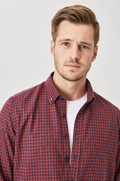 Slim Fit Dar Kesim Flanel Kareli Düğmeli Yaka Bordo-Lacivert Gömlek resmi