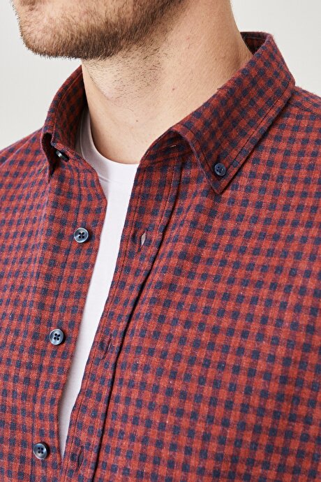 Slim Fit Dar Kesim Flanel Kareli Düğmeli Yaka Bordo-Lacivert Gömlek resmi