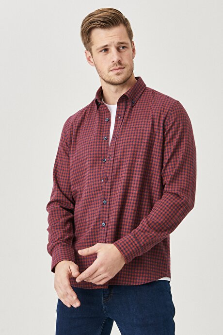 Slim Fit Dar Kesim Flanel Kareli Düğmeli Yaka Bordo-Lacivert Gömlek resmi