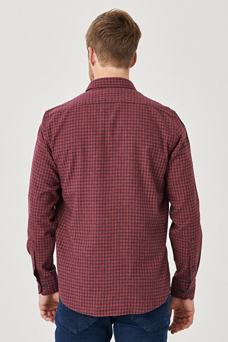 Slim Fit Dar Kesim Flanel Kareli Düğmeli Yaka Bordo-Lacivert Gömlek resmi
