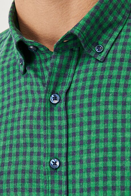 Slim Fit Dar Kesim Düğmeli Yaka Flanel Oduncu Yeşil-Lacivert Gömlek resmi