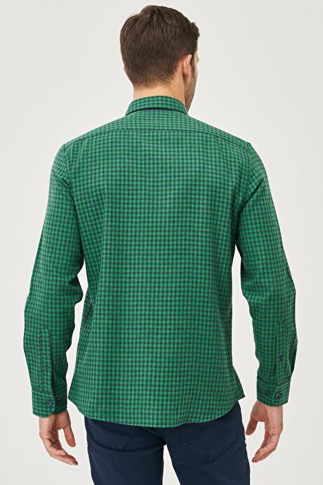 Slim Fit Dar Kesim Düğmeli Yaka Flanel Oduncu Yeşil-Lacivert Gömlek resmi
