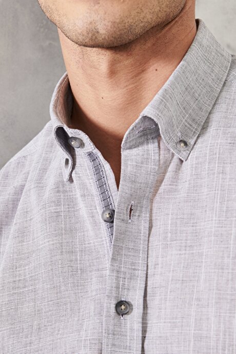 Slim Fit Dar Kesim Düğmeli Yaka %100 Pamuk Flamlı Uzun Kollu Antrasit Gömlek resmi