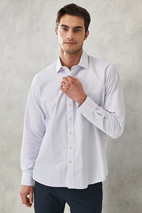 Comfort Fit Rahat Kesim Klasik Yaka Baskılı Uzun Kollu Casual Beyaz-Mavi Gömlek resmi