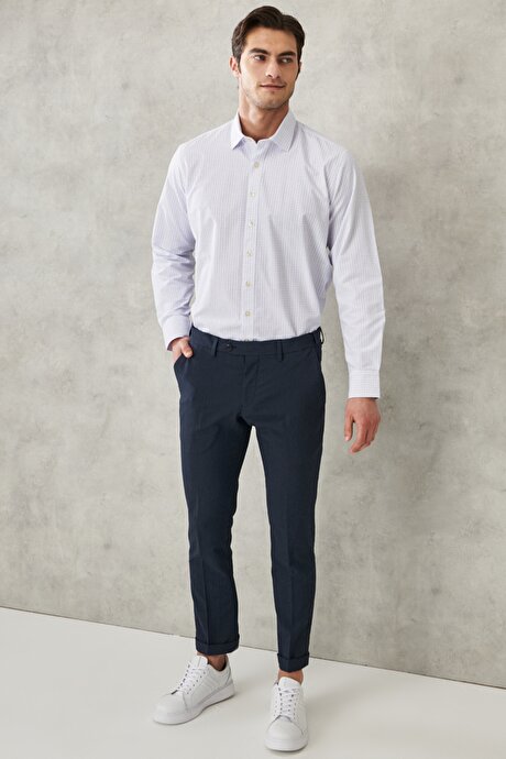 Comfort Fit Rahat Kesim Klasik Yaka Baskılı Uzun Kollu Casual Beyaz-Mavi Gömlek resmi