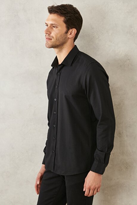 Slim Fit Dar Kesim Klasik Yaka Armürlü Uzun Kollu Siyah Gömlek resmi