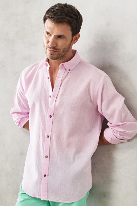 Comfort Fit Rahat Kesim Düğmeli Yaka Uzun Kollu Keten Pembe Gömlek resmi