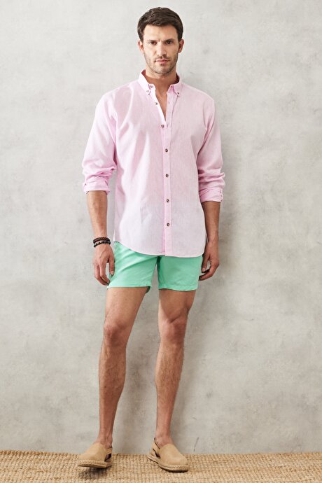 Comfort Fit Rahat Kesim Düğmeli Yaka Uzun Kollu Keten Pembe Gömlek resmi