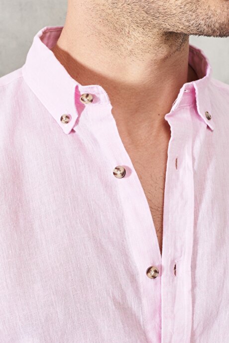 Comfort Fit Rahat Kesim Düğmeli Yaka Uzun Kollu Keten Pembe Gömlek resmi