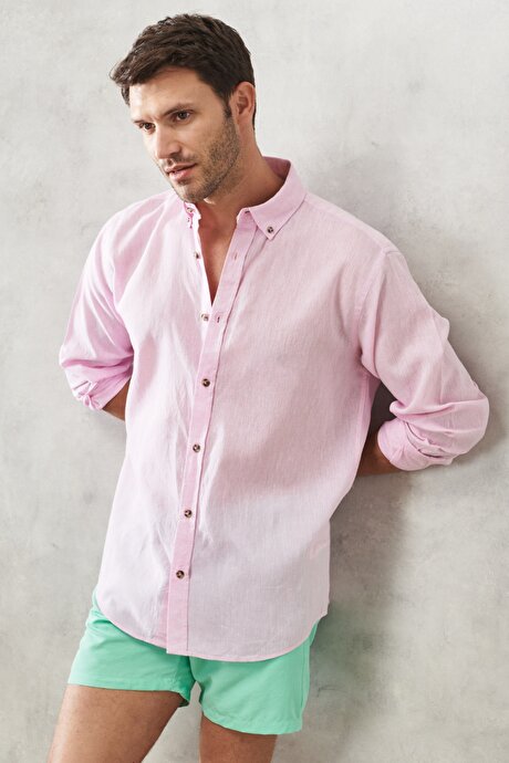 Comfort Fit Rahat Kesim Düğmeli Yaka Uzun Kollu Keten Pembe Gömlek resmi