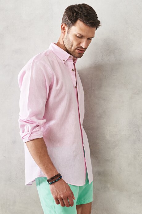 Comfort Fit Rahat Kesim Düğmeli Yaka Uzun Kollu Keten Pembe Gömlek resmi