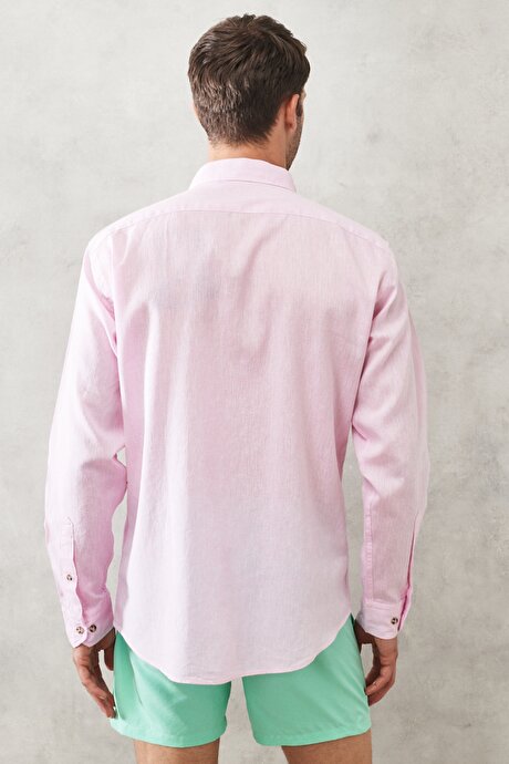 Comfort Fit Rahat Kesim Düğmeli Yaka Uzun Kollu Keten Pembe Gömlek resmi