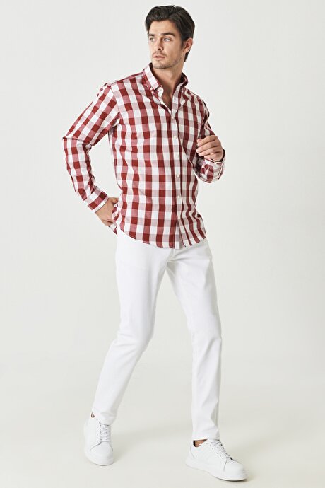 Comfort Fit Rahat Kesim Düğmeli Yaka Kareli Uzun Kollu Bordo-Beyaz Gömlek resmi