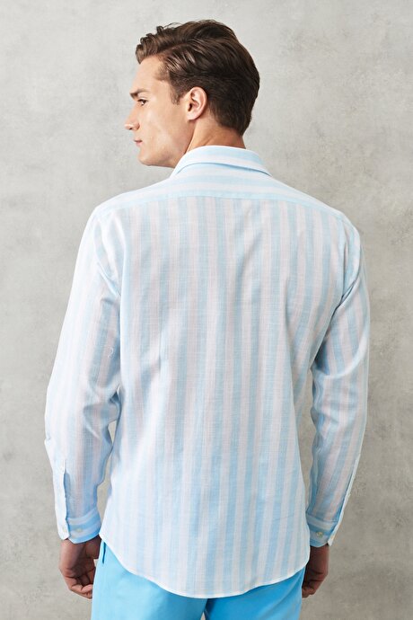 Comfort Fit Rahat Kesim %100 Pamuk Klasik Yaka Beyaz-Açık Mavi Gömlek resmi