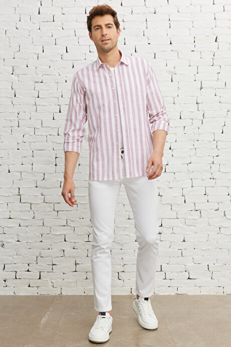 Comfort Fit Rahat Kesim %100 Pamuk Klasik Yaka Beyaz-Bordo Gömlek resmi