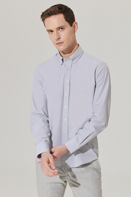 Slim Fit Dar Kesim Oxford Düğmeli Yaka Pötikareli Pamuklu Gri Gömlek resmi