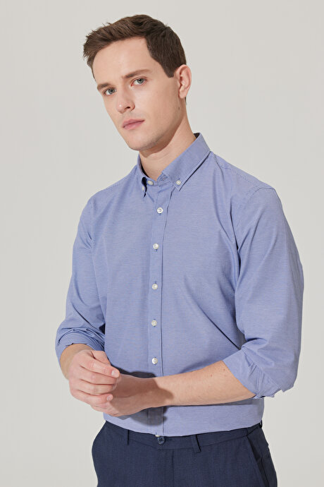 Slim Fit Dar Kesim Oxford Düğmeli Yaka Pötikareli Pamuklu Lacivert Gömlek resmi