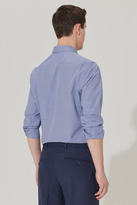 Slim Fit Dar Kesim Oxford Düğmeli Yaka Pötikareli Pamuklu Lacivert Gömlek resmi