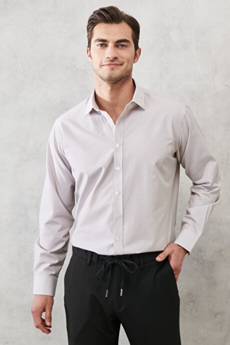 Comfort Fit Rahat Kesim Çizgili Klasik Gömlek Beyaz-Bej Gömlek resmi