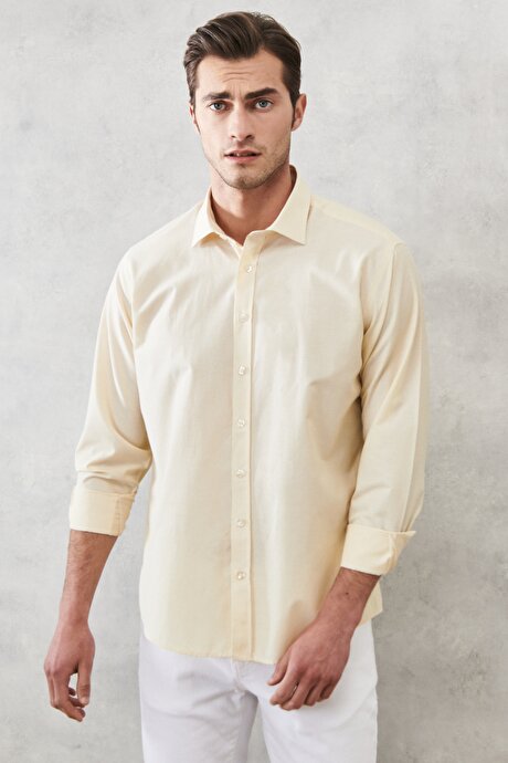 Comfort Fit Rahat Kesim Çizgili Klasik Gömlek Beyaz-Sarı Gömlek resmi