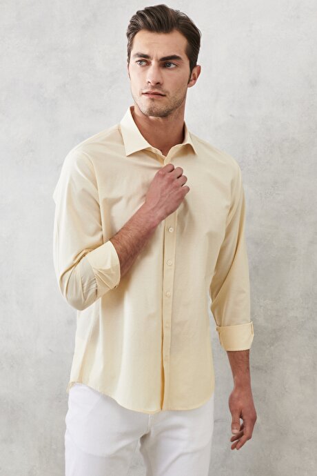 Comfort Fit Rahat Kesim Çizgili Klasik Gömlek Beyaz-Sarı Gömlek resmi