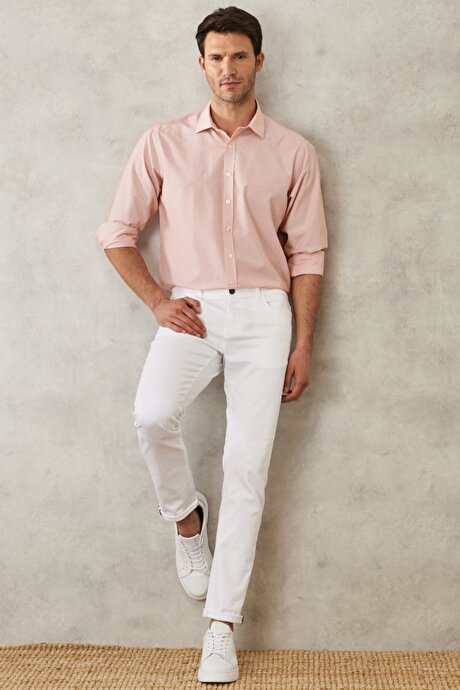 Comfort Fit Rahat Kesim Çizgili Klasik Gömlek Beyaz-Turuncu Gömlek resmi