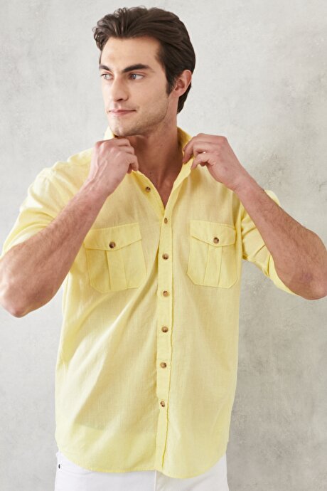 Comfort Fit Düğmeli Yaka %100 Pamuk Flamlı Açık Sarı Gömlek resmi