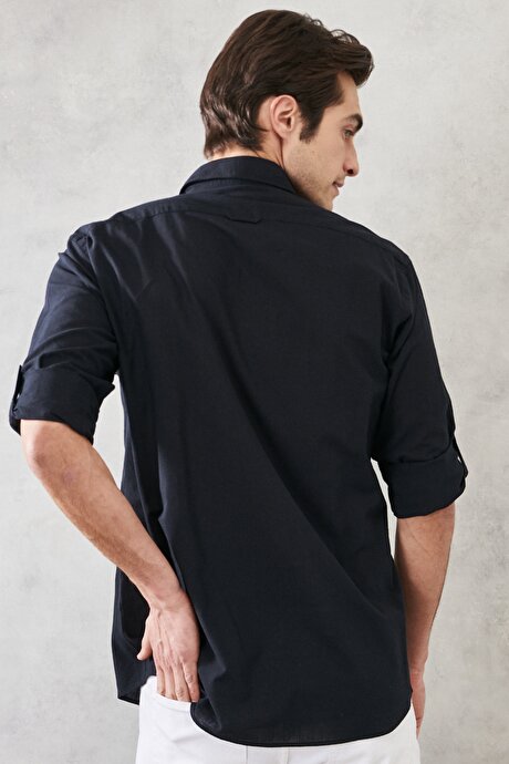 Comfort Fit Düğmeli Yaka %100 Pamuk Flamlı Siyah Gömlek resmi