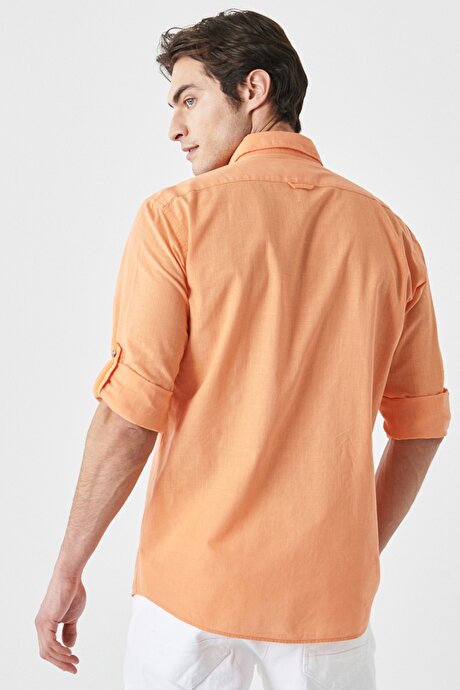 Comfort Fit Düğmeli Yaka %100 Pamuk Flamlı Turuncu Gömlek resmi