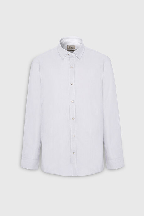 Slim Fit Dar Kesim Gizli Düğmeli Yaka Keten Görünümlü %100 Pamuk Flamlı Beyaz Gömlek resmi