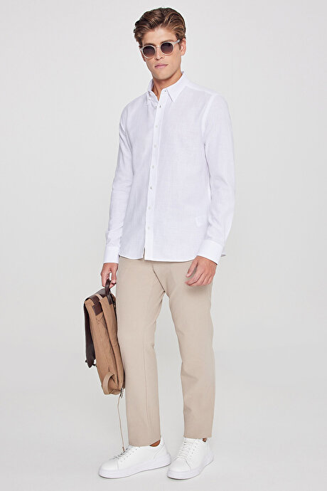 %100 Pamuk Slim Fit Dar Kesim Gizli Düğmeli Yaka Flamlı Beyaz Gömlek resmi