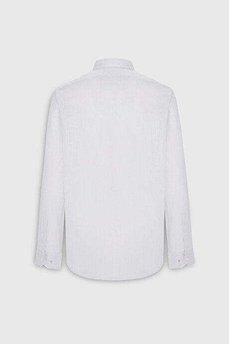 %100 Pamuk Slim Fit Dar Kesim Gizli Düğmeli Yaka Flamlı Beyaz Gömlek resmi