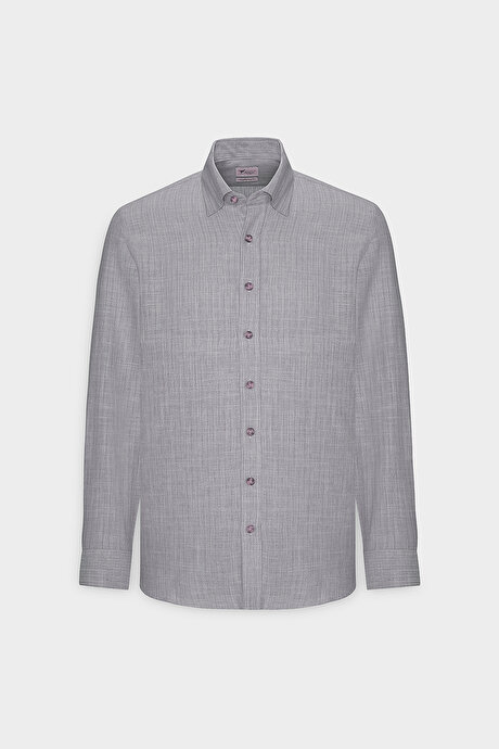 %100 Pamuk Slim Fit Dar Kesim Gizli Düğmeli Yaka Flamlı Kahverengi Gömlek resmi