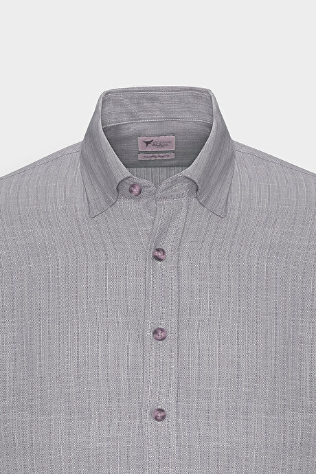 %100 Pamuk Slim Fit Dar Kesim Gizli Düğmeli Yaka Flamlı Kahverengi Gömlek resmi