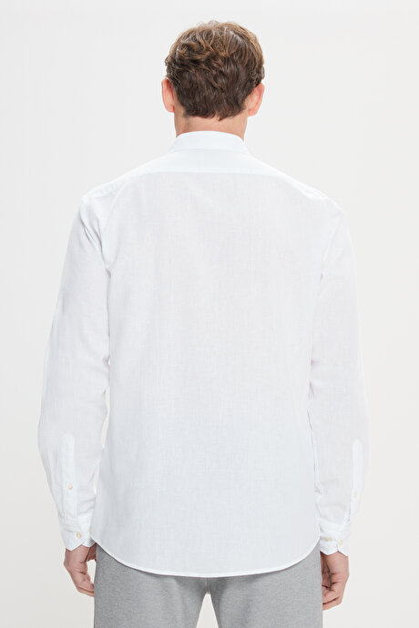 Comfort Fit Rahat Kesim Dügmeli Yaka Casual Keten Beyaz Gömlek resmi