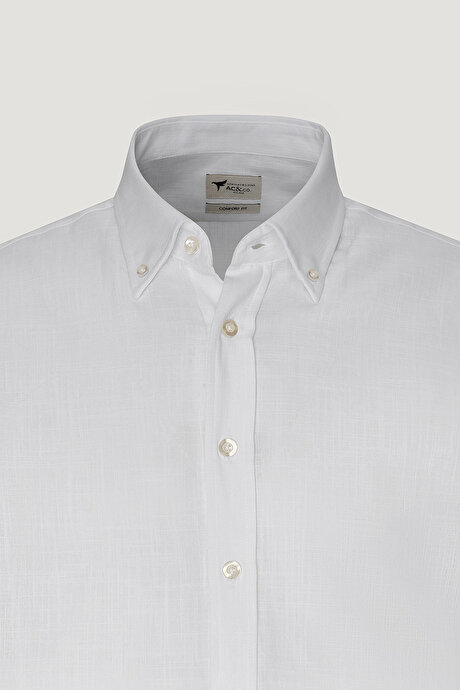 Comfort Fit Rahat Kesim Düğmeli Yaka Casual Keten Beyaz Gömlek resmi