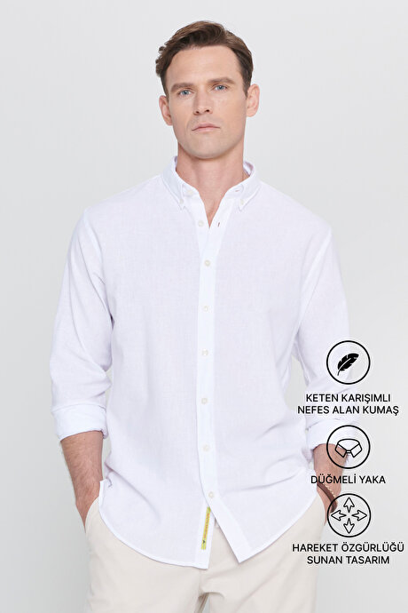 Comfort Fit Rahat Kesim Düğmeli Yaka Casual Keten Beyaz Gömlek resmi