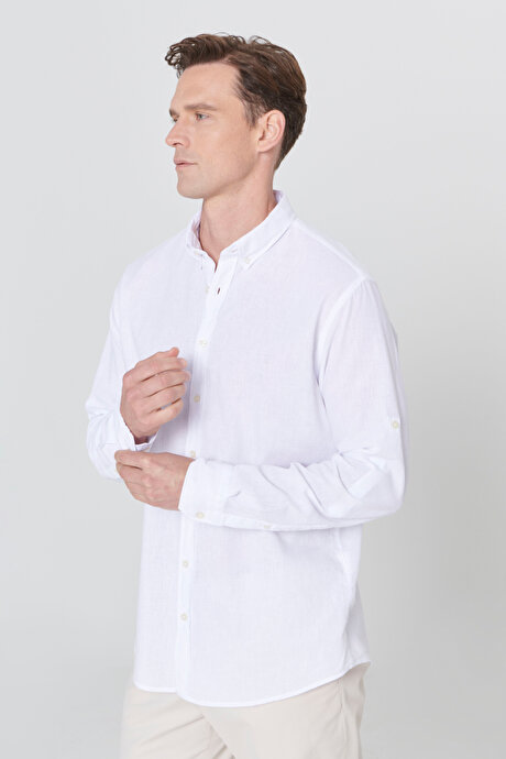 Comfort Fit Rahat Kesim Düğmeli Yaka Casual Keten Beyaz Gömlek resmi