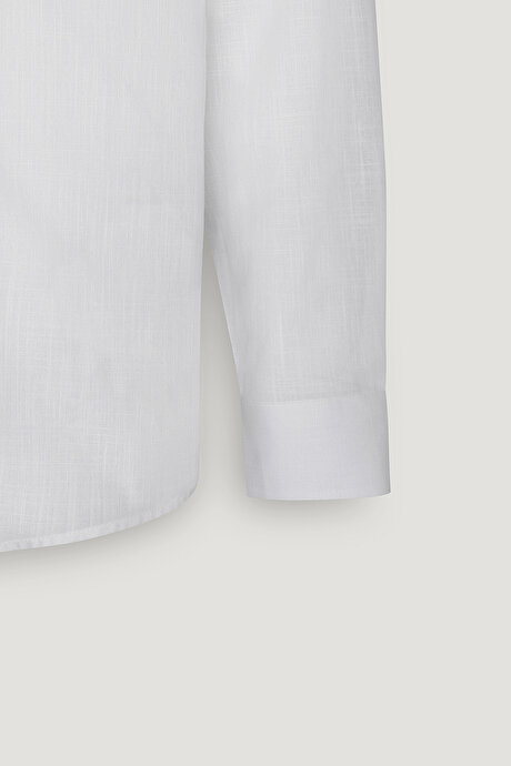Comfort Fit Rahat Kesim Düğmeli Yaka Casual Keten Beyaz Gömlek resmi