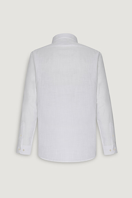 Comfort Fit Rahat Kesim Düğmeli Yaka Casual Keten Beyaz Gömlek resmi