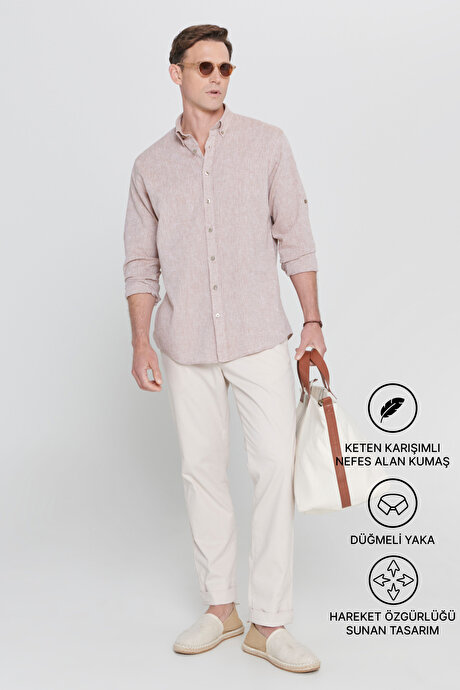 Comfort Fit Rahat Kesim Düğmeli Yaka Casual Keten Camel Gömlek resmi