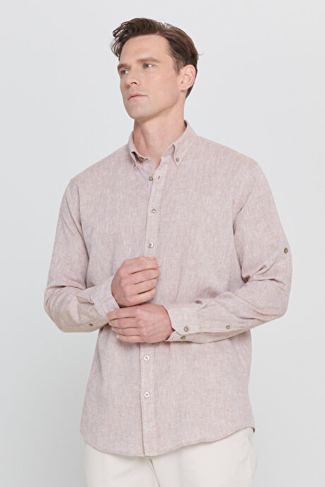Comfort Fit Rahat Kesim Düğmeli Yaka Casual Keten Camel Gömlek resmi