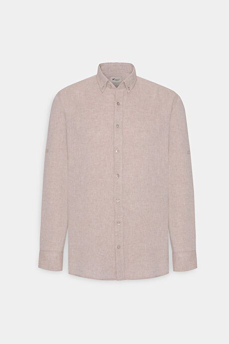 Comfort Fit Rahat Kesim Düğmeli Yaka Casual Keten Camel Gömlek resmi