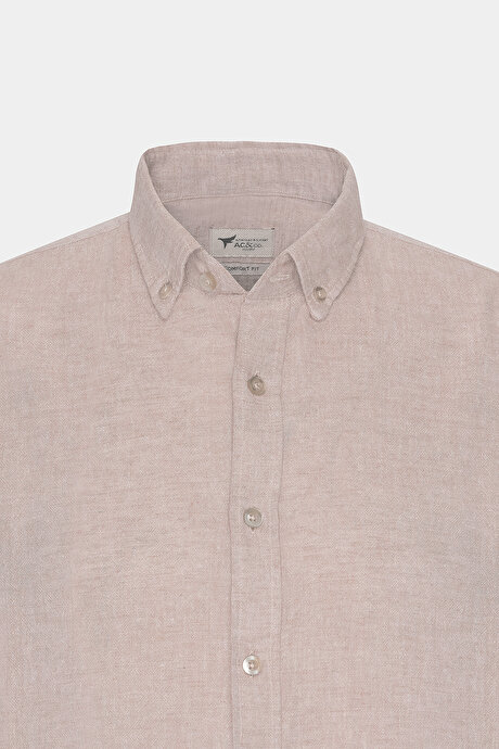 Comfort Fit Rahat Kesim Düğmeli Yaka Casual Keten Camel Gömlek resmi
