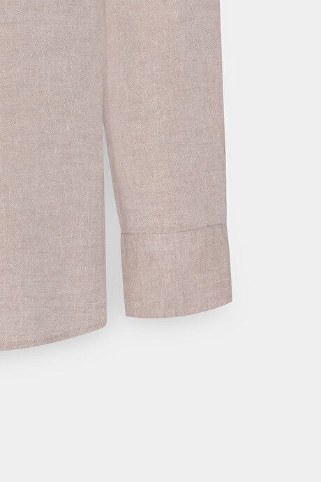 Comfort Fit Rahat Kesim Düğmeli Yaka Casual Keten Camel Gömlek resmi