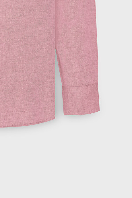 Comfort Fit Rahat Kesim Düğmeli Yaka Casual Keten Fuşya Gömlek resmi