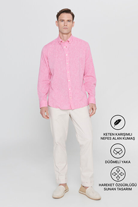 Comfort Fit Rahat Kesim Düğmeli Yaka Casual Keten Fuşya Gömlek resmi