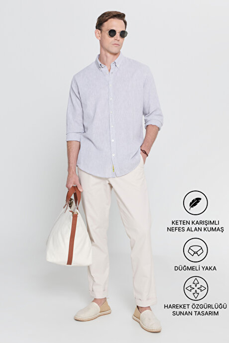 Comfort Fit Rahat Kesim Düğmeli Yaka Casual Keten Gri Gömlek resmi