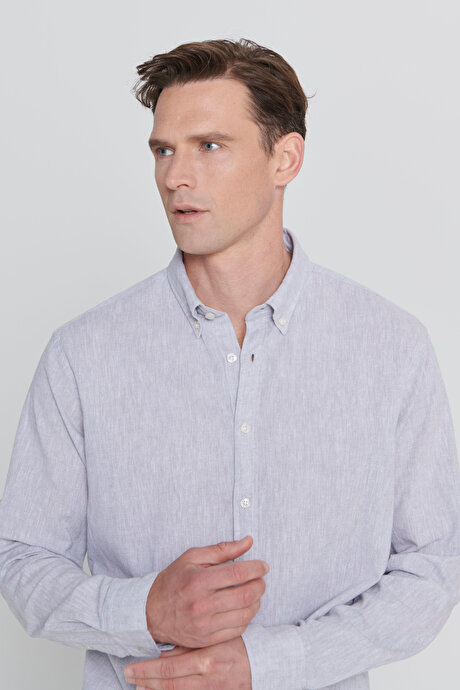 Comfort Fit Rahat Kesim Düğmeli Yaka Casual Keten Gri Gömlek resmi